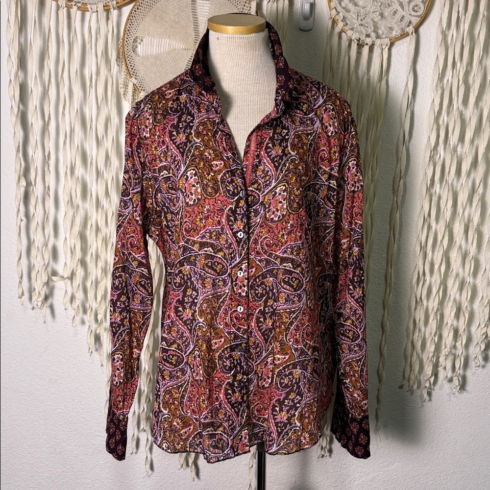 Cino Long Sleeve Cotton Button Down Floral Paisley Blouse Size XL